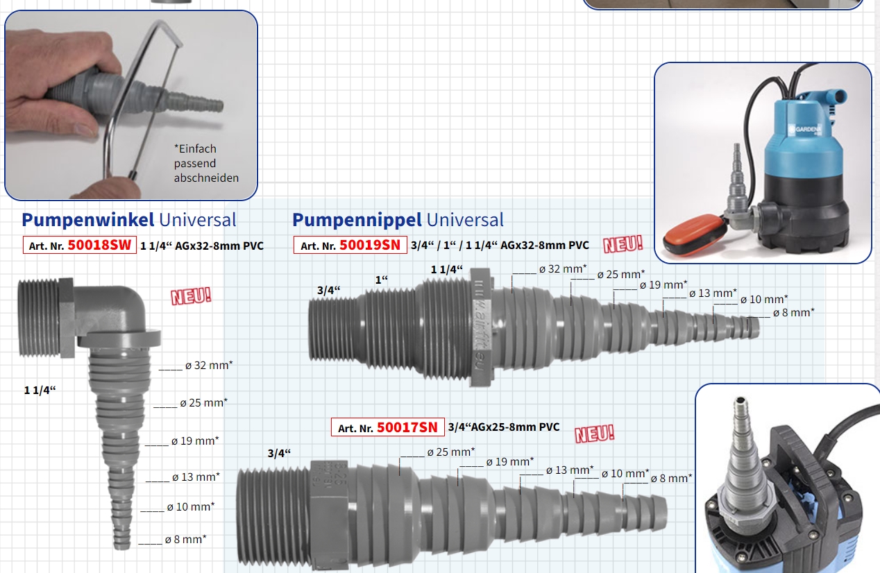 Airfit PVC Pumpennippel 3/4" 1" 1 1/4" auf 8mm 10mm 13mm 19mm 25mm Schlauchnippel